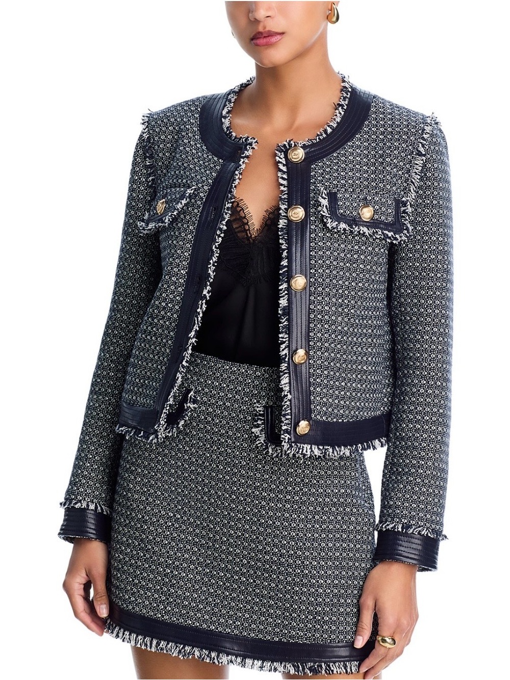 Cinq a sept NWT Navy Tweed Fringe Trim Jacket with Gold Buttons and Leather Trim